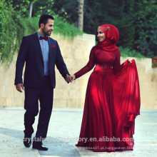 2016 Vestido de dama de honra com dama de manga comprida de manga comprida Maid of Honor Vestido de noiva vermelho escuro muçulmano com hijab CWFp2315